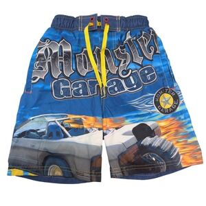 Monster Garage Boys Swim Trunks Size 4/5 Blue Car Graphic Elastic Waist Beach‎